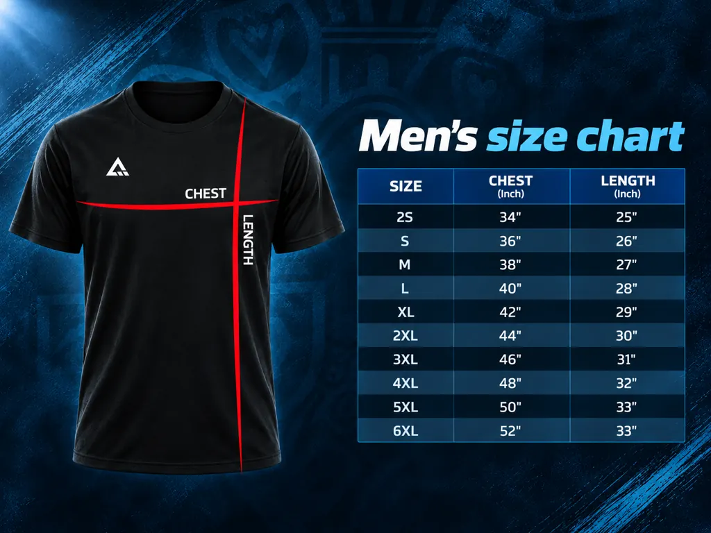 Men's jersey size chart showing chest and shirt length measurements